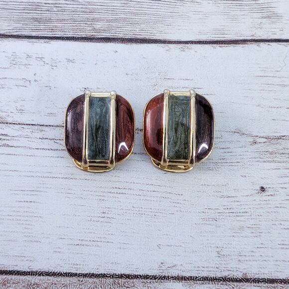 Vintage Clip On Earrings Brown & Green Tones Stylish - Picture 2 of 6